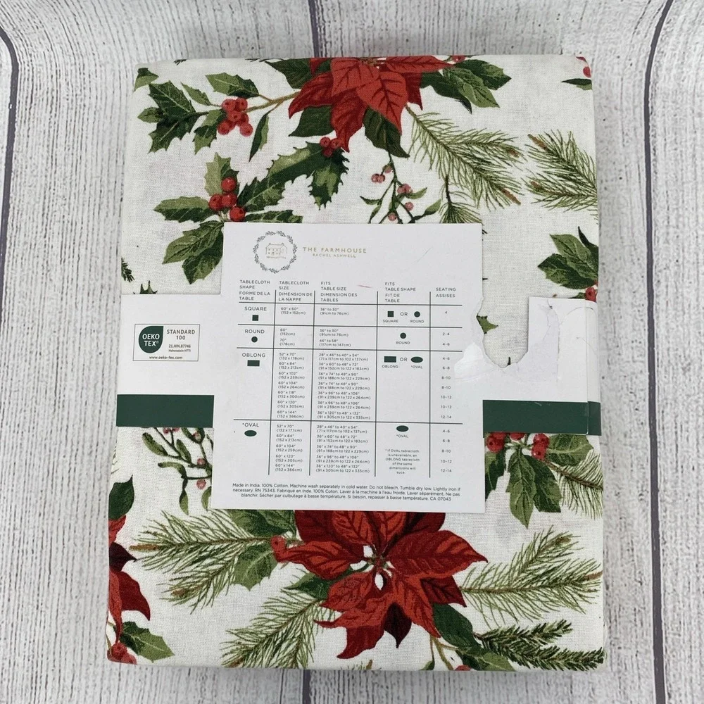 Rachel Ashwell Farmhouse Tablecloth 8-Napkin Set 60x102 Christmas Poinsettia